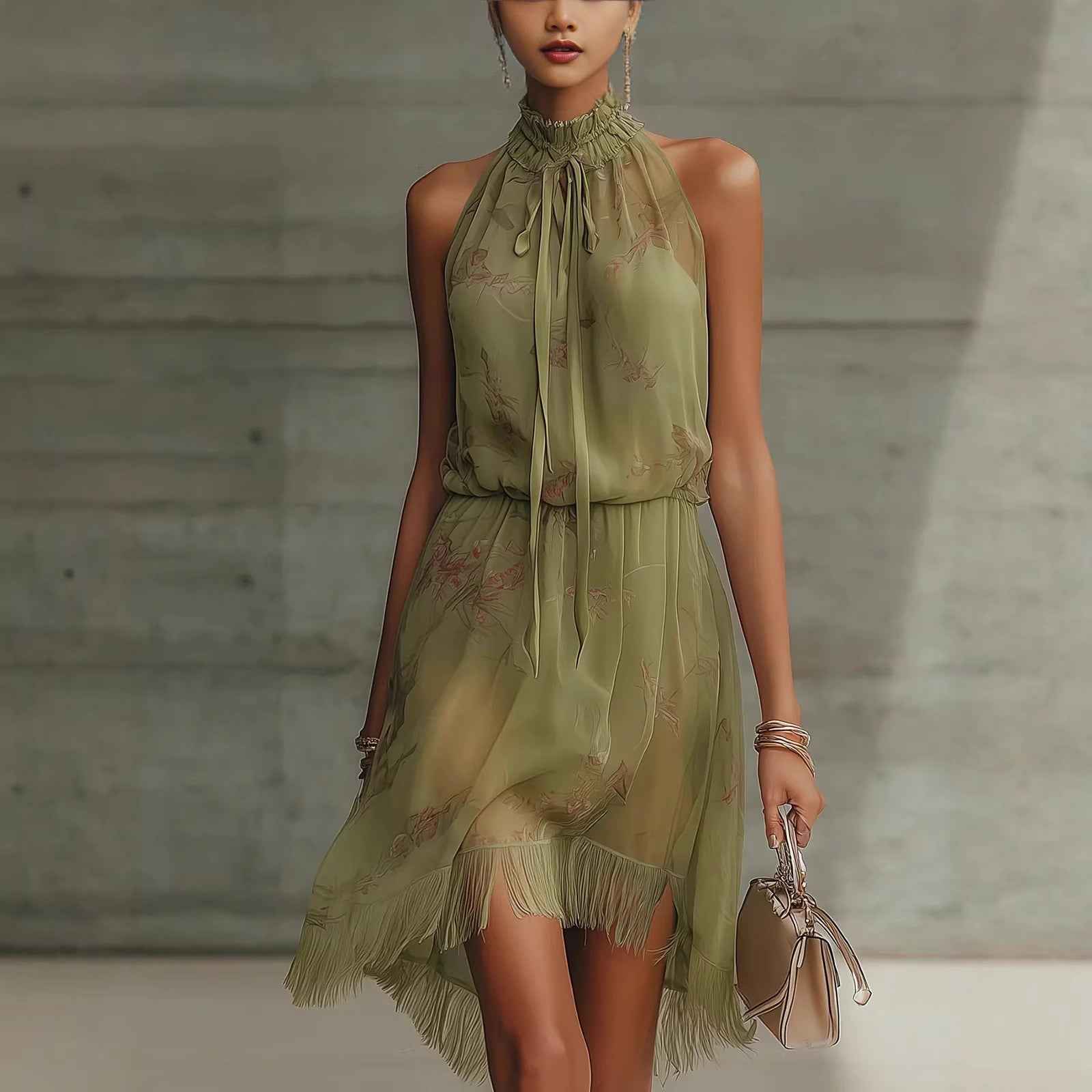 Women's V-Neck Tie-Dye Ruffle Dress - Elegant Sleeveless Dress
