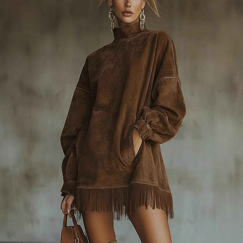 Women's Loose Tassel Suede Dress - Long Sleeve Pocket Dress