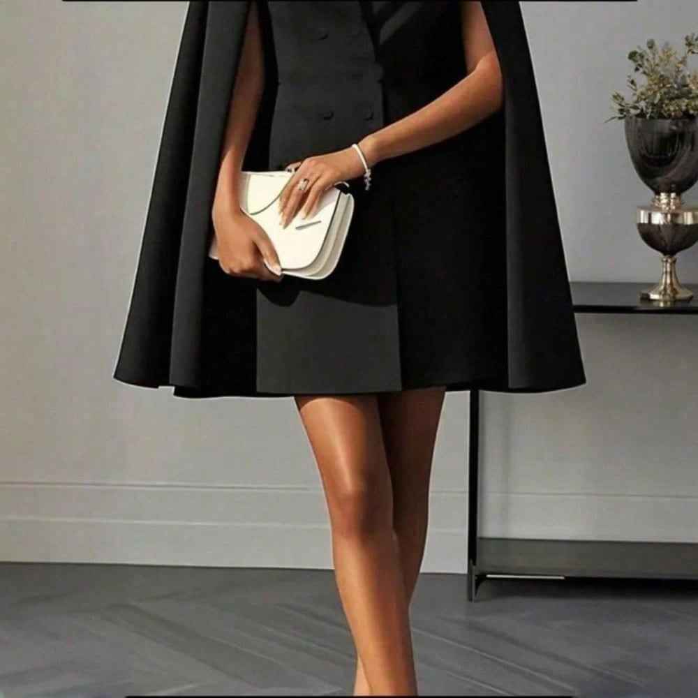 Elegant Cape Blazer Mini Dress For Women, Luxury Double-Breasted V-Neck Formal Dress With Structured Shoulders & Flowing Cape Sleeves.