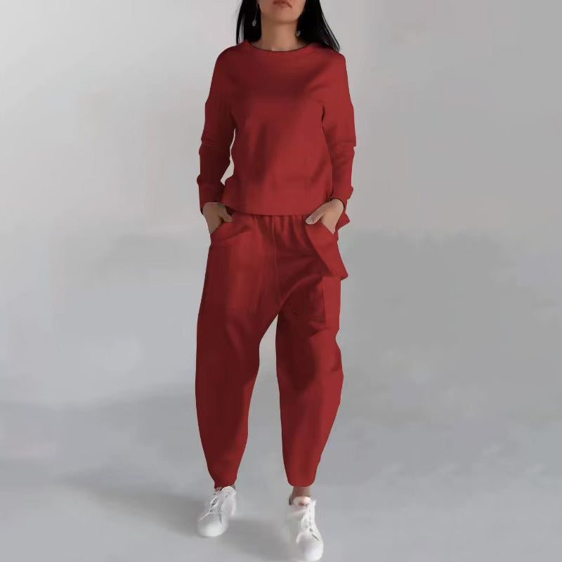 Fashion Women's Lounge Set – Solid Color Pullover Top and Wide Leg Trousers